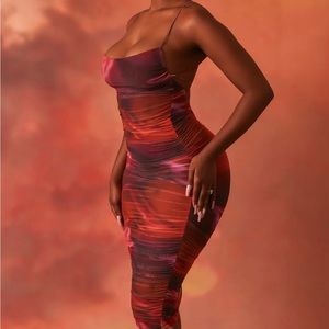 Odyssey Asymmetric Ruched Mesh Midi Dress in Orange